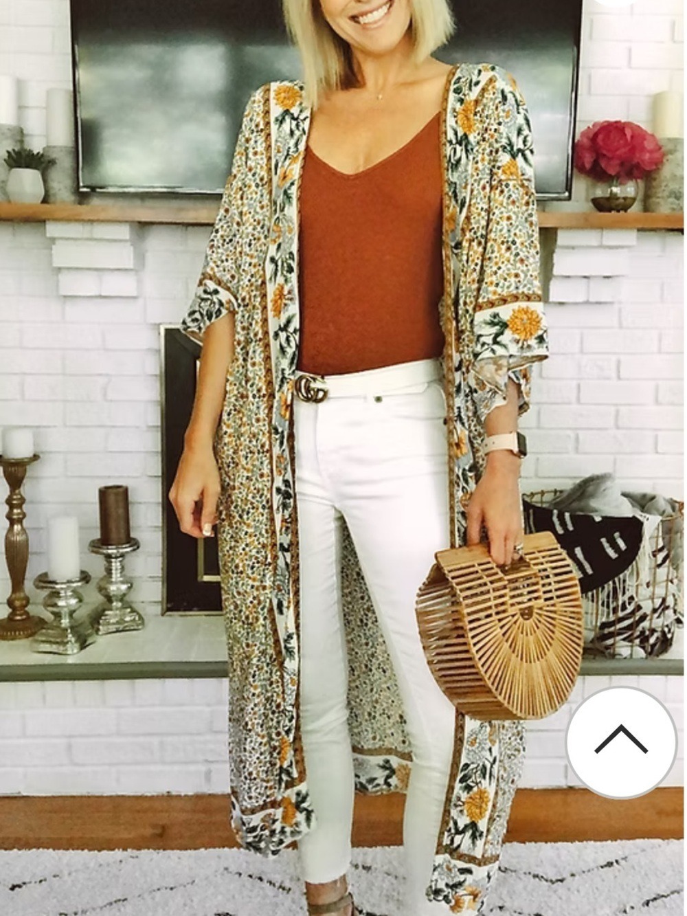 Floral Border Kimono Duster- Cream with Orange Floral Print